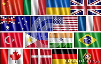 Set of National flag USA, Canada, Russia, UK, Australia, Eu, China, France, Turkey, Philippines, India, Brasil, Italy, Denmark, Vector Illustration