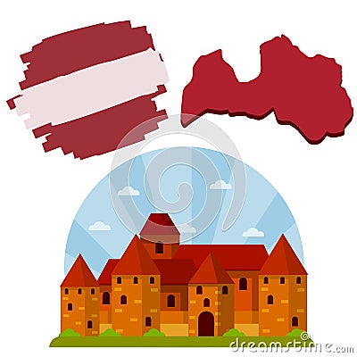 Set of national symbols of Latvia. Map of state and stylized flag. Vector Illustration