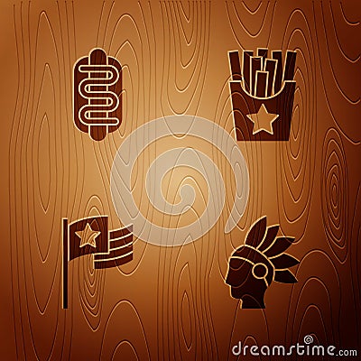 Set Native American Indian, Hotdog sandwich, flag and Potatoes french fries in box on wooden background. Vector Stock Photo