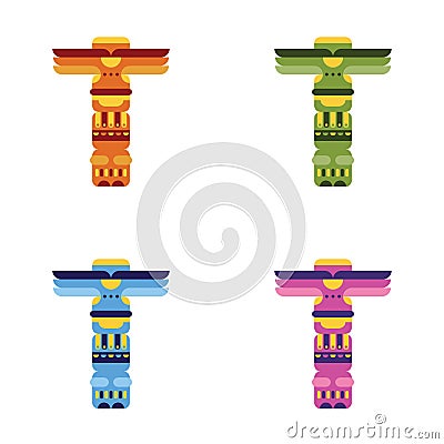 Set of native traditional totem pole Vector Illustration