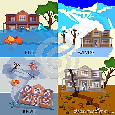 Set of natural disasters banners tornado, earthquake, avalanche, flood Vector Illustration