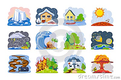 Set of natural disasters. Fires, tsunami, flood, ice melting, snowfall, drought, thunderstorm, rain Vector Illustration