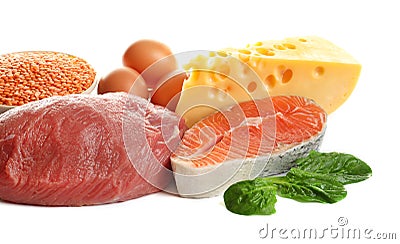 Set of natural food high in protein on white Stock Photo
