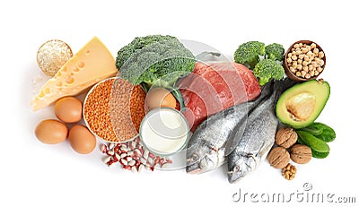 Set of natural food high in protein on white background Stock Photo