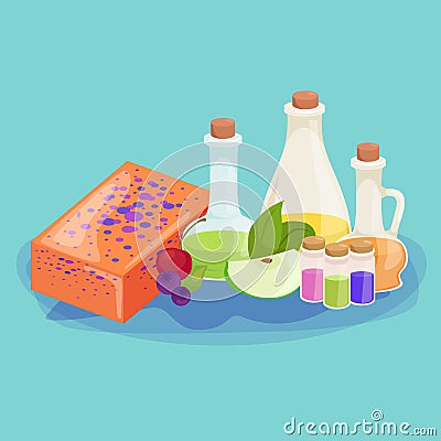 Set of natural organic hand made soap with olives vector illustration, body beauty care concept, nature cosmetics aroma Vector Illustration