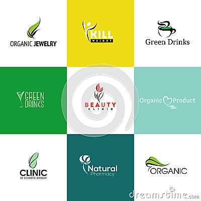 Set of natural and organic products logo templates and ic Vector Illustration