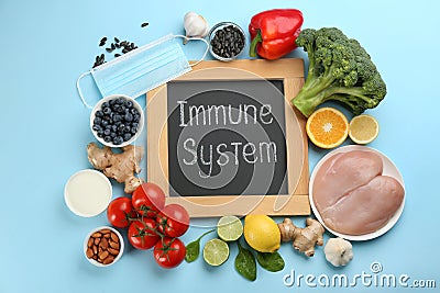 Set of natural products, face mask and chalkboard with text Immune System on light blue background, flat lay Stock Photo