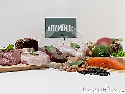 A set of natural products rich in vitamin B3 Niacin. Healthy food concept. Cardboard sign with the inscription. Stock Photo