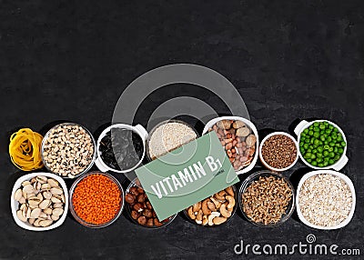 A set of natural products rich in vitamin B1 Thiamine. Healthy food concept. Cardboard sign with the inscription. Stock Photo