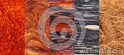 Set of natural real burl and rosewood wood planks with groove joints have a vertical background Stock Photo