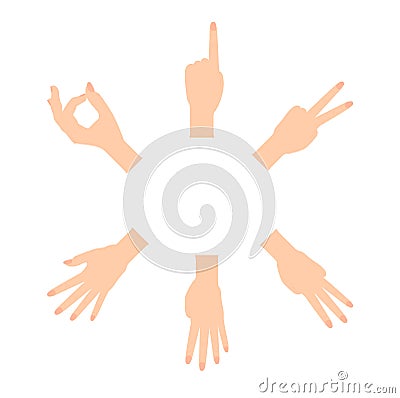 Set of Naturalistic Hand Silhouettes that show the numbers 0, 1, 2, 3, 4, 5 with flexion of the fingers. Vector Illustraion Stock Photo
