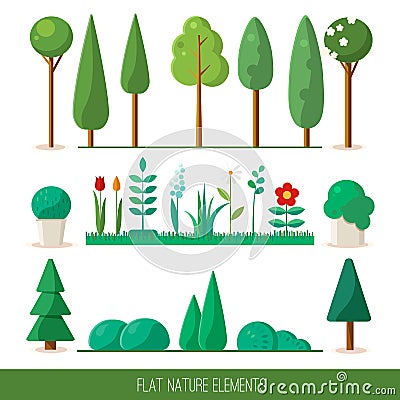 Set of nature elements: trees, spruce, bushes, flowers, grass. Vector Illustration