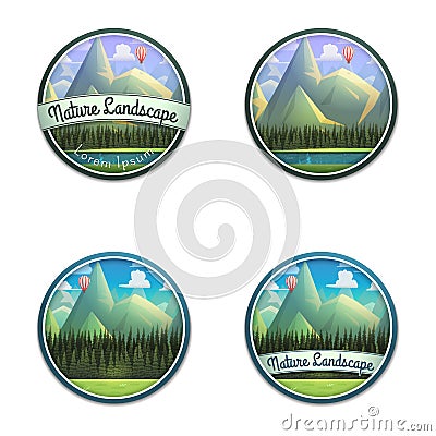 Set of nature emblem of mountain landscape with river and coniferous forest isolated on white background. Vector Illustration