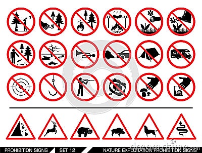 Set of nature exploitation prohibition signs Vector Illustration