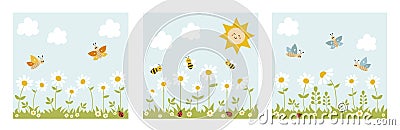 Set of nature landscape with bees, butterflies, ladybugs, grass, flowers, sun and clouds. Vector Illustration