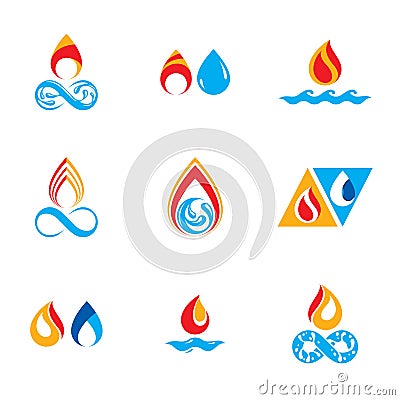 Set of nature power symbols, composition of water and fire elements. Vector illustrations for use in advertising. Vector Illustration