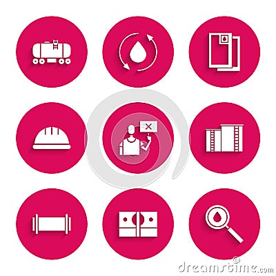 Set Nature saving protest, Stacks paper money cash, Oil drop, industrial factory building, Industry pipe, Worker safety Vector Illustration