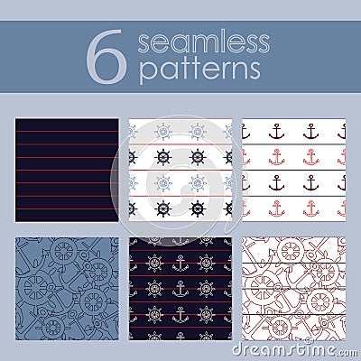 Set of 6 nautical backgrounds in dark blue, light blue, red and white colors. Cartoon Illustration