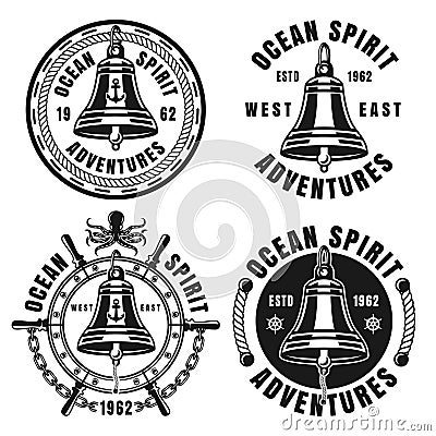 Nautical black emblems with ship bell isolated Vector Illustration