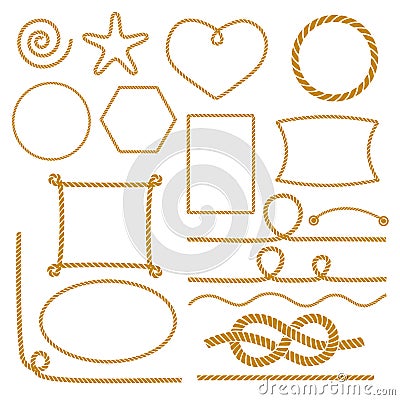 Set of nautical marine rope knots, corners and frames Vector Illustration