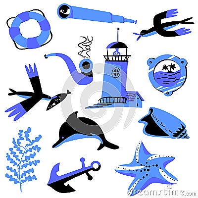Set with nautical objects. Marine collection . Vector illustration Vector Illustration