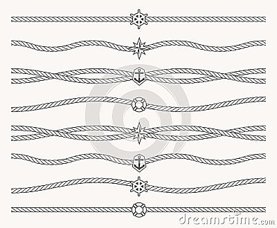 Set of Nautical rope with marine symbols in center of line. Border line, underline, line for frame. Seamless sailor Vector Illustration