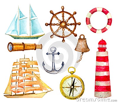 Set of nautical symbols. watercolor hand drawn vector Vector Illustration