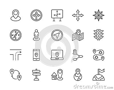 Set of Navigation Line Icons. Compass, Location Pin, GPS Navigation and more. Vector Illustration