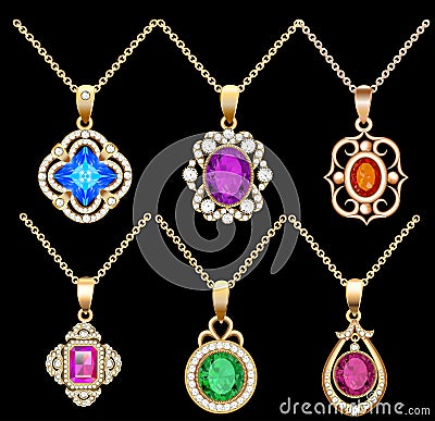 set of necklace pendants jewelry made of precious s Vector Illustration