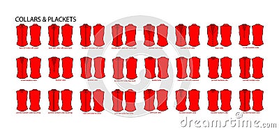 Set of necklines of collars and plackets for clothes tops, shirts, blouses technical fashion illustration with fitted Vector Illustration