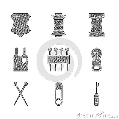 Set Needle for sewing, Safety pin, Awl tool, Zipper, Knitting needles, Sleeveless T-shirt, Sewing thread and Leather Vector Illustration