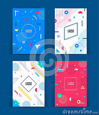 Set of neo memphis style covers. Collection of cool bright covers. Abstract shapes compositions. Vector. Stock Photo