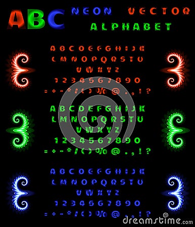 Set of neon alphabet and numbers on a black background. Red, blue, green neon gradient. Vector illustration Vector Illustration