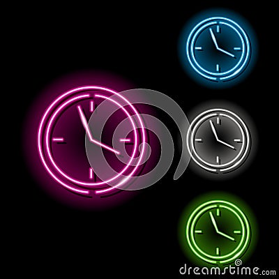 Set of neon clock icons in four different colours isolated on black background. Timer, date, shedule, watch concept Vector Illustration