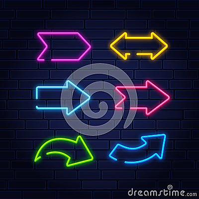 Set of neon frame star arrows pointers signs light electric banners glowing on black brick wall background Vector Illustration