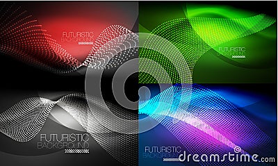 Set of neon glowing waves and lines, shiny light effect digital techno motion backgrounds. Collection of dark space Vector Illustration