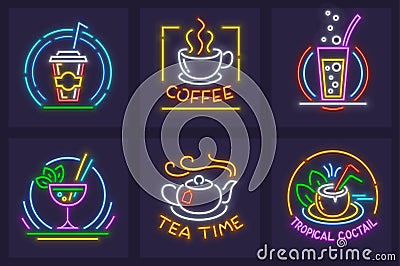 Set of neon icons with beverages Cola. Vector Illustration