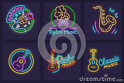 Set of neon icons with musical instruments Vector Illustration