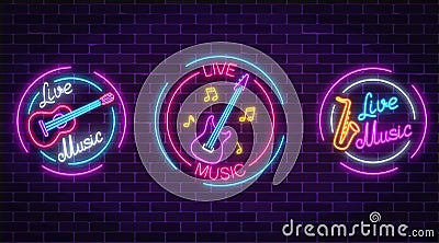 Set of neon live music symbols with circle frames. Three live music signs with guitar, saxophone, notes. Vector Illustration