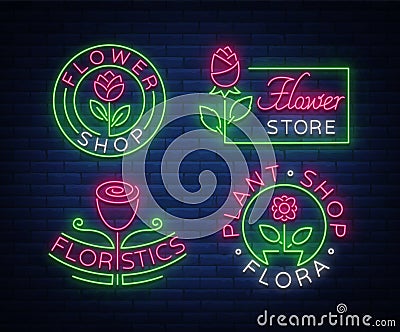 Set of neon logos Flower shop, Plants, Florist, Flora emblem, collection of neon signs. Template design element for Vector Illustration