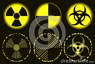 Set of neon nuclear hazard, quarantine and biohazard symbols Vector Illustration