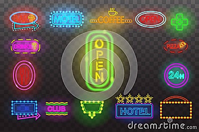 Set of neon sign light at night transparent background vector illustration, bright glowing electric advertis Vector Illustration