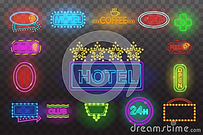 Set of neon sign light at night transparent background vector illustration, isolated bright glowing electric advertis Vector Illustration