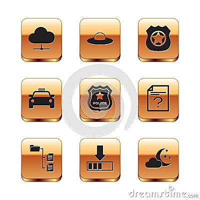 Set Network cloud connection, Folder tree, Loading, Police badge, Taxi car and icon. Vector Vector Illustration