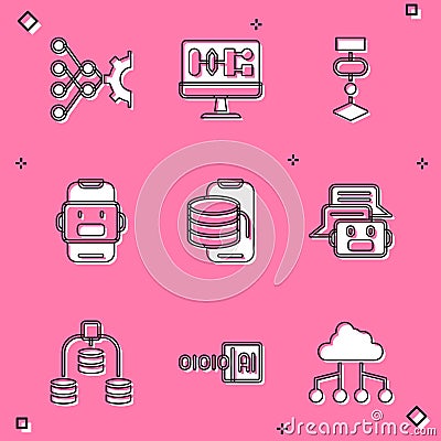 Set Neural network, Algorithm, Chat bot, Cloud technology data transfer, Server, Data and Binary code icon. Vector Vector Illustration