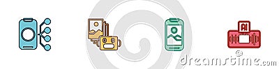 Set Neural network, Artificial intelligence robot, Mobile phone and AI icon. Vector Vector Illustration