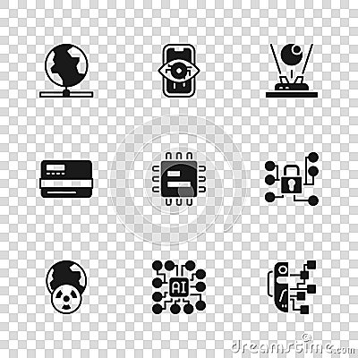 Set Neural network, Cyber security, Humanoid robot, Processor CPU, Hologram, Global technology, Computer vision and Vector Illustration