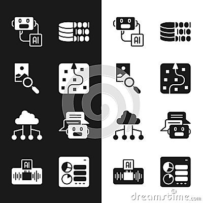 Set Neural network, Photo retouching, Artificial intelligence robot, Binary code, Network cloud connection, Chat Vector Illustration
