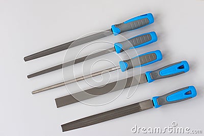 Set of new rasp files on gray background. Working tools layout Stock Photo