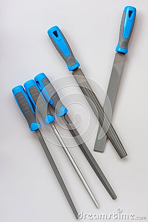 Set of new rasp files on gray background. Working tools layout Stock Photo
